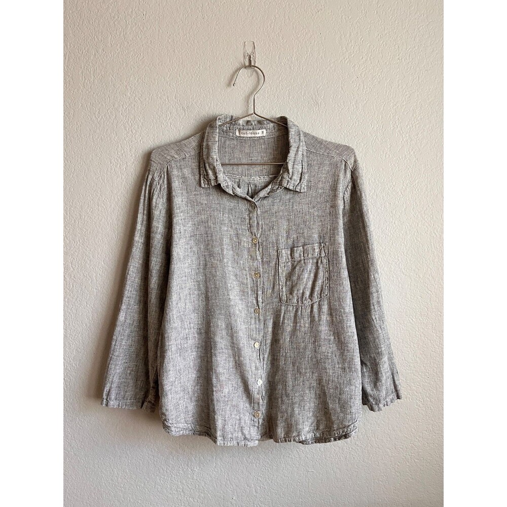 cut loose Women's Linen Button Down Shirt in Black/White Size MEDIUM